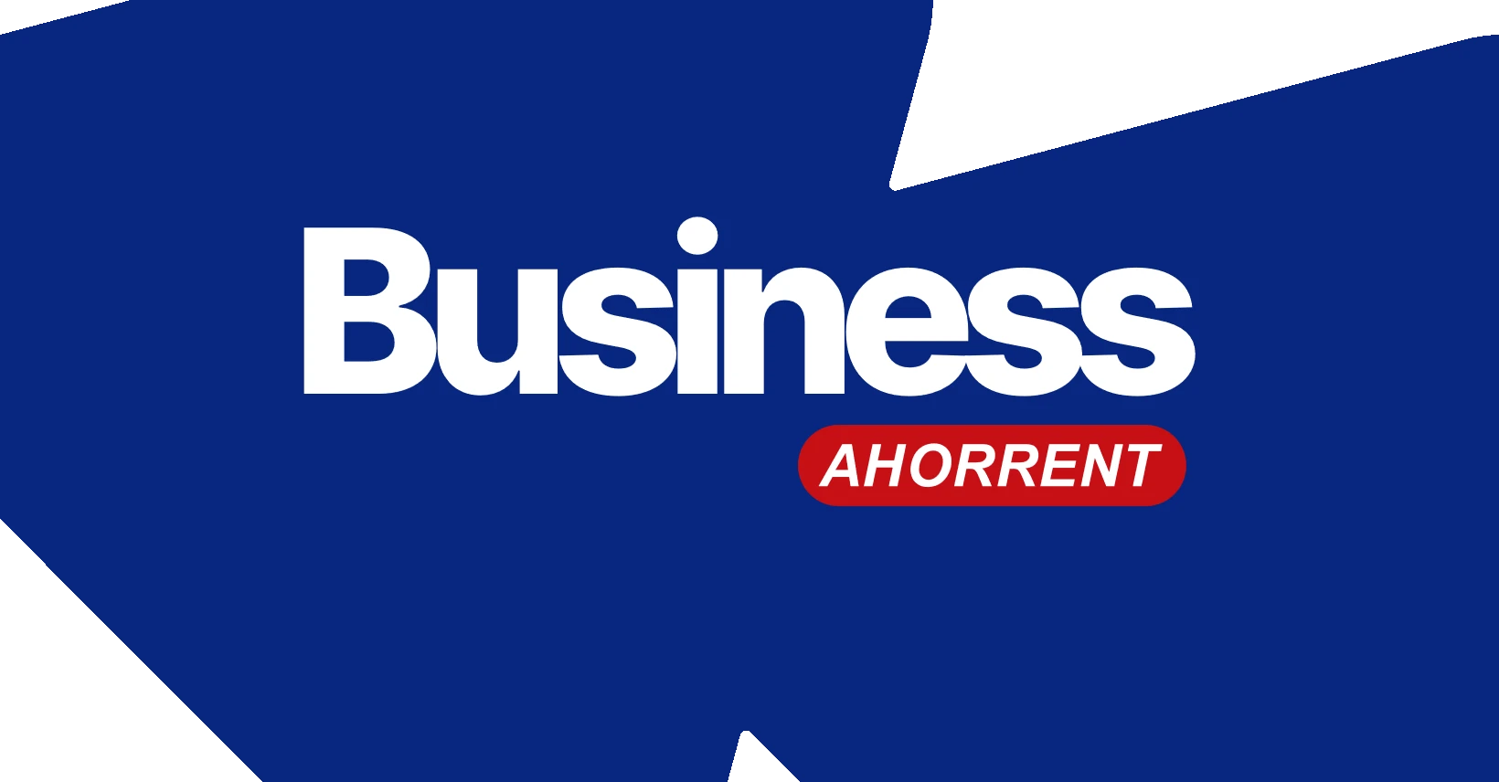 Logo de Ahorrent Business sobre fondo azul con formas geométricas