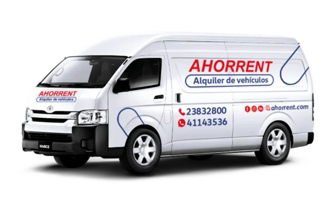 Van de carga Toyota Hiace blanca rotulada Ahorrent en Guatemala
