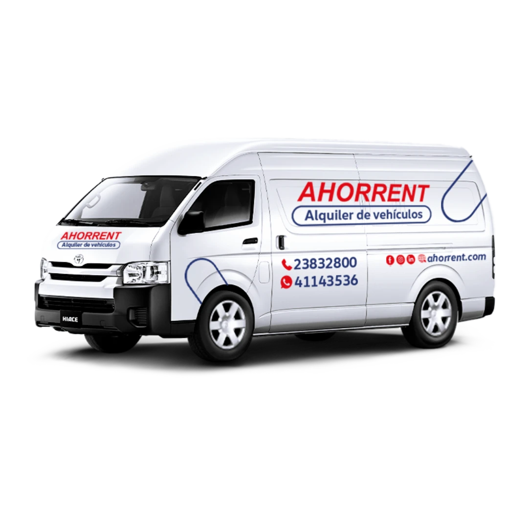 Van de carga Toyota Hiace blanca rotulada Ahorrent en Guatemala